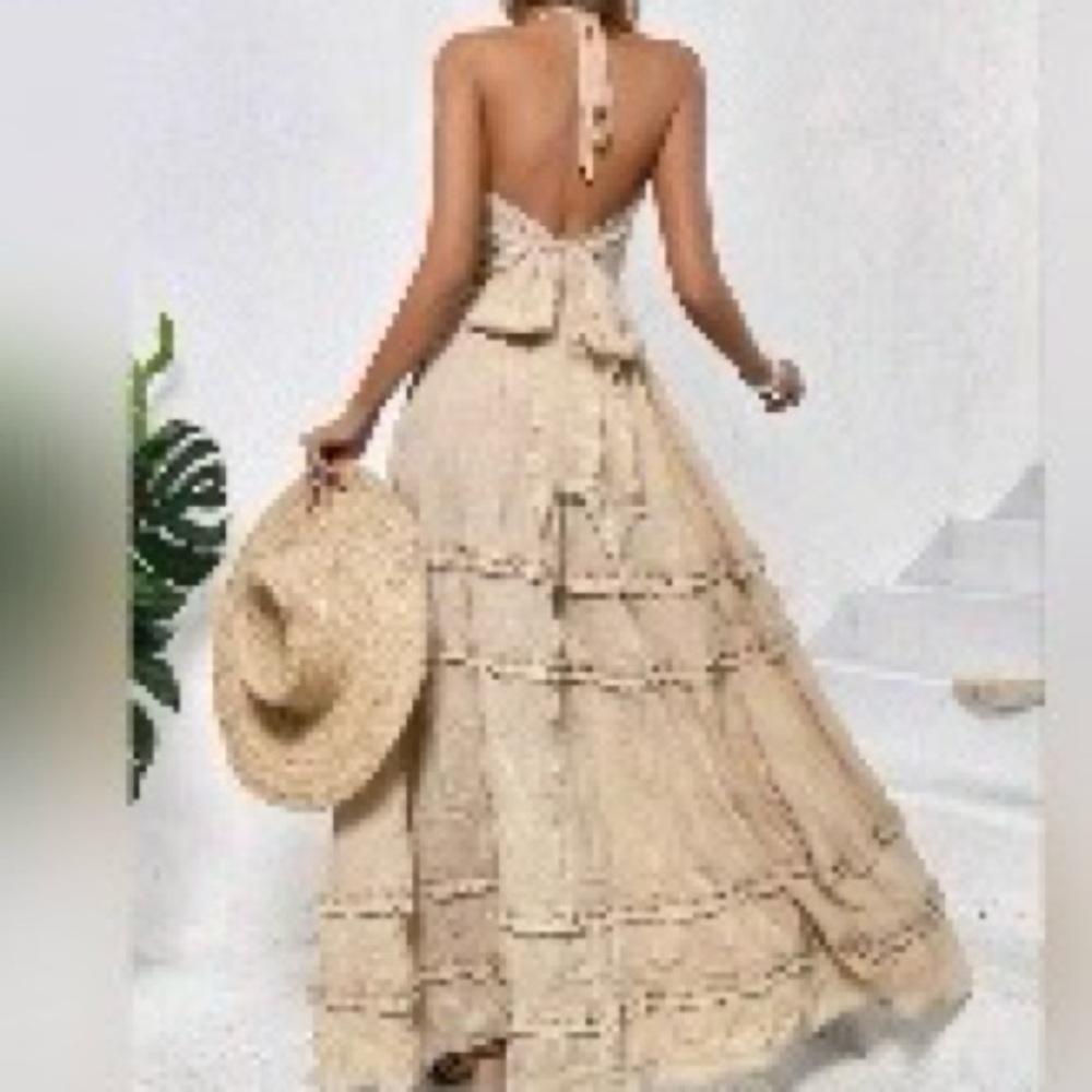 NEW Boho Tie Back Halter Ruffle Maxi Dress Beige Tan Nude